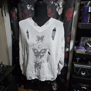 White Distressed Butterfly Print Sweater